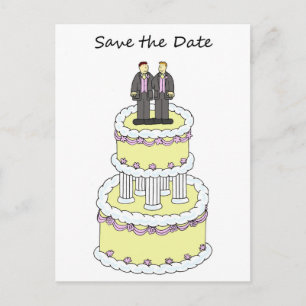 Save the Date Male Couple on a Cake Announcement Postcard