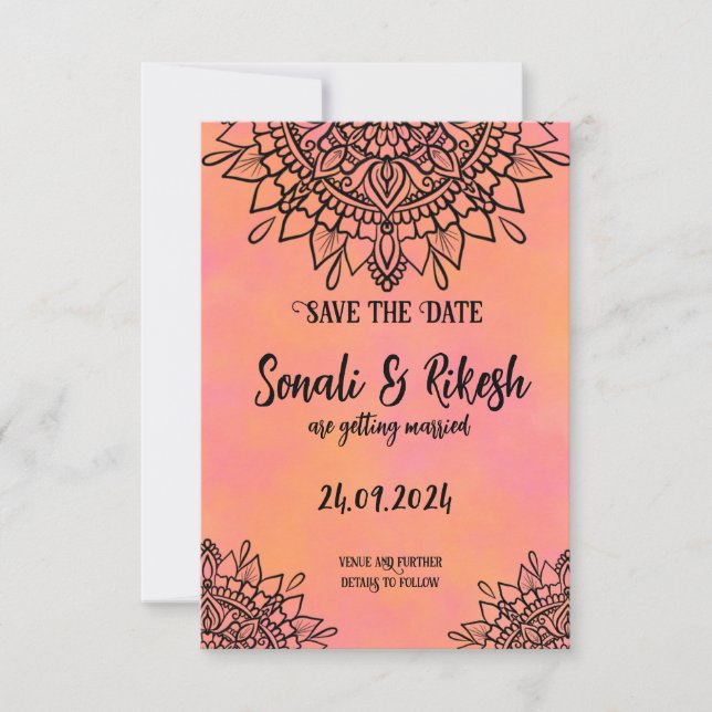 Save the Date Mandala Pink & Orange Wedding Card (Front)