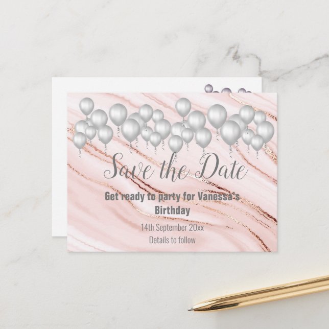 Save the Date Marble Balloon Sparkle All Occassion Announcement Postcard (Front/Back In Situ)
