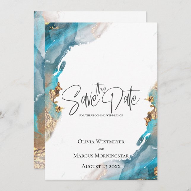 Save the Date Marbled Ink Turquoise and Gold Invitation (Front/Back)