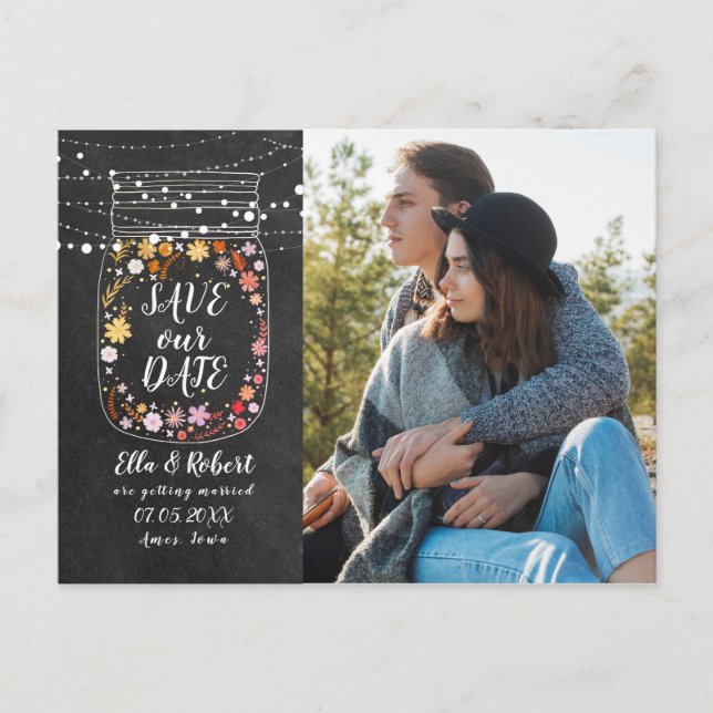 Save the Date Mason Jar String Lights Boho Photo Postcard (Front)