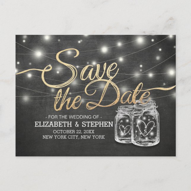 Save The Date Mason Jar String Lights Chalkboard Announcement Postcard (Front)