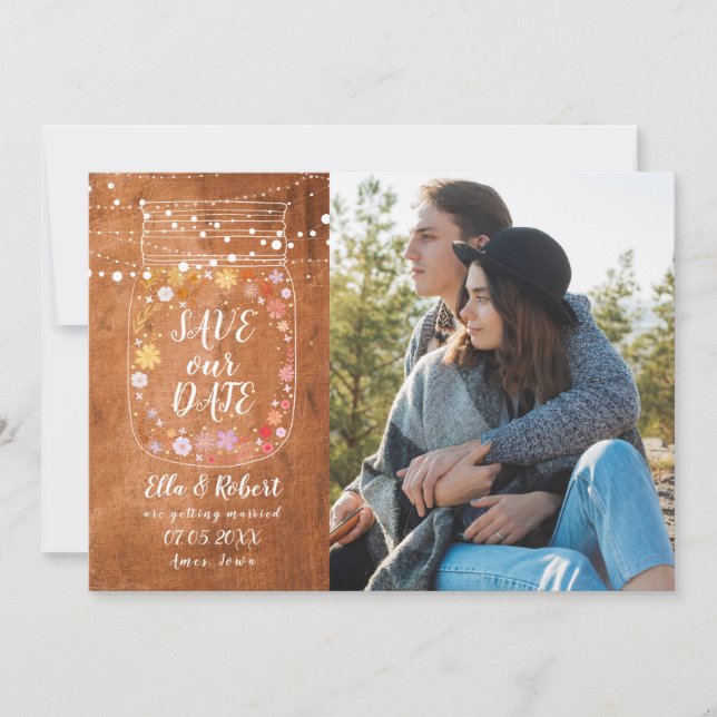 Save the Date Mason Jar String Lights Rustic Photo Invitation (Front)