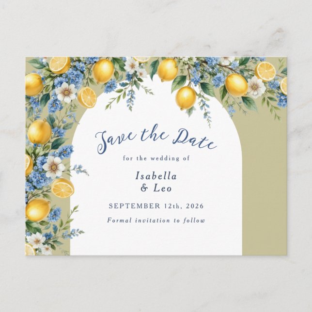 Save the Date Mediterranean Lemons Wedding Announcement Postcard (Front)