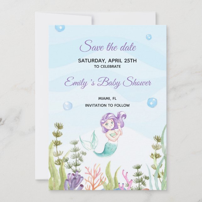 Save The Date Mermaid Watercolor Purple (Front)