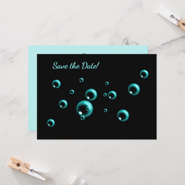 Save the Date Minimalist Aqua Blue Bubbles Card (Front/Back In Situ)