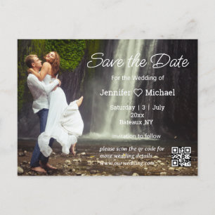 save the date minimalist script qr code photo  announcement postcard