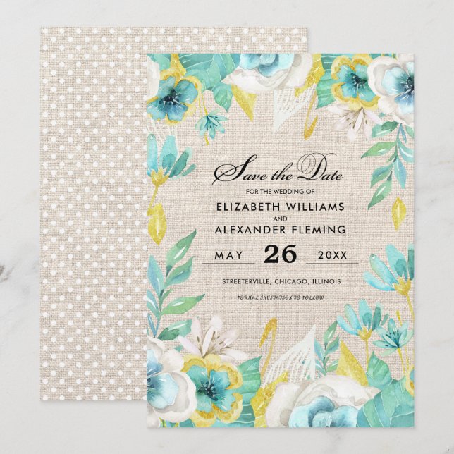 Save the Date. Mint Floral Wedding Announcements (Front/Back)
