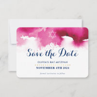 SAVE THE DATE MITZVAH modern star pink watercolor