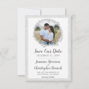 Save The Date Modern Botanical Leaf Silver Wreath Invitation