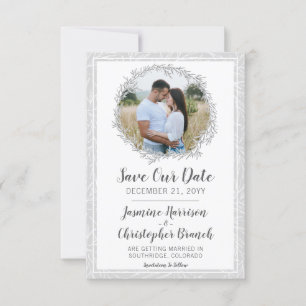 Save The Date Modern Botanical Leaf Silver Wreath Invitation