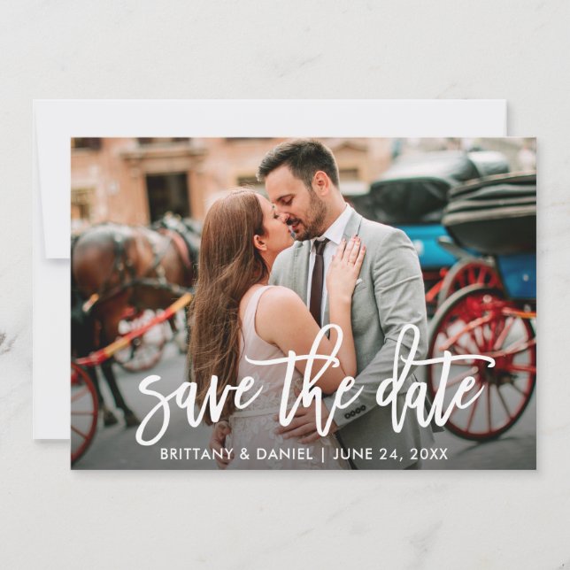 Save The Date Modern Brush Script Photo Card (Front)