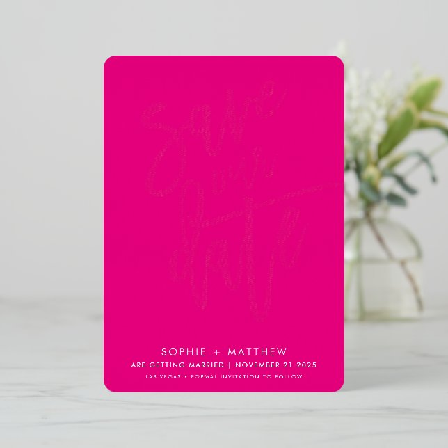 SAVE THE DATE modern calligraphy script hot pink (Standing Front)