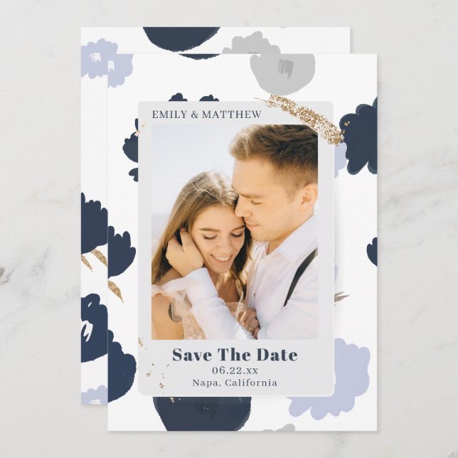 Save The Date Modern Glitter Photo Blue Floral (Front/Back)