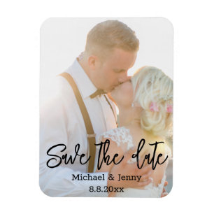save the date,modern handwriting wedding photo  magnet