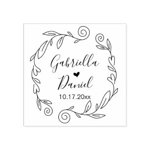 Save the date, Modern Heart Leafy Frame Rubber Sta Rubber Stamp