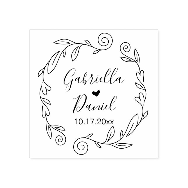 Save the date, Modern Heart Leafy Frame Rubber Sta Stamp (Imprint)