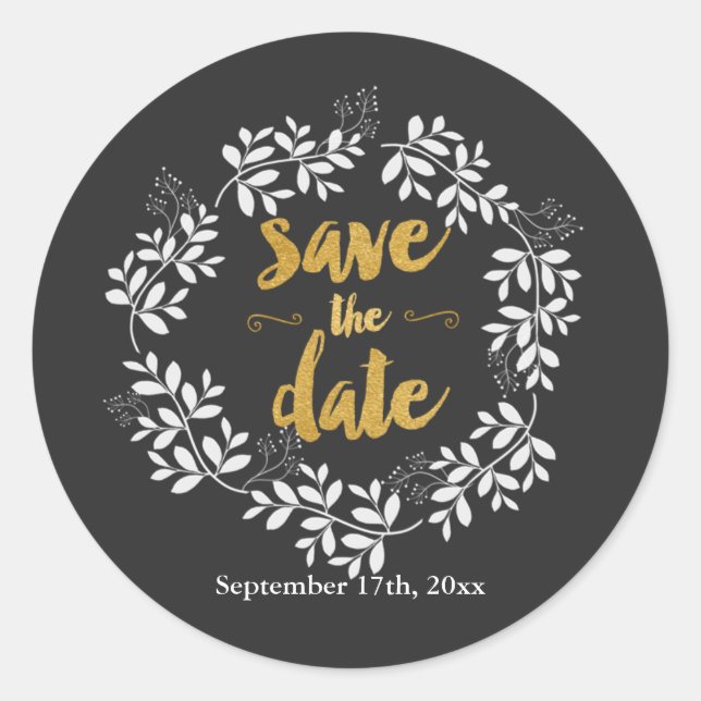 SAVE THE DATE Modern Leaf Wreath Rustic Sticker (Front)