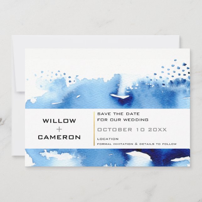SAVE THE DATE modern minimal watercolor dark blue (Front)