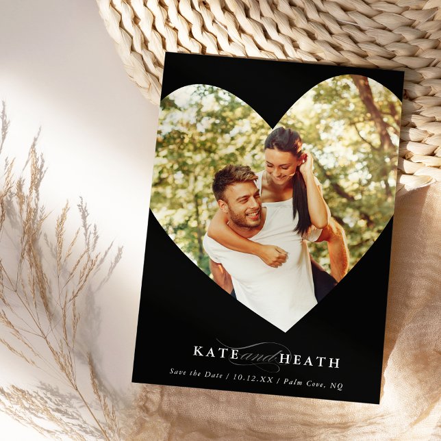 SAVE THE DATE modern photo elegant heart black Invitation (Creator Uploaded)