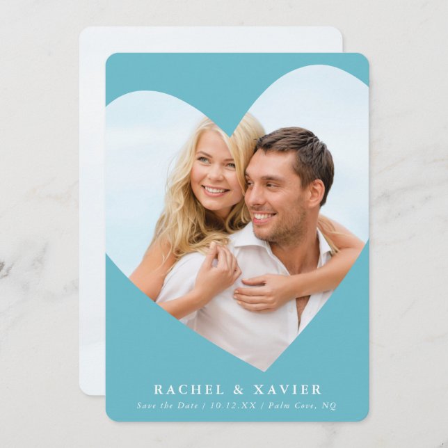 SAVE THE DATE modern photo heart frame turquoise Invitation (Front/Back)