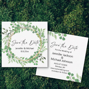 save the date modern script greenery wreath  card