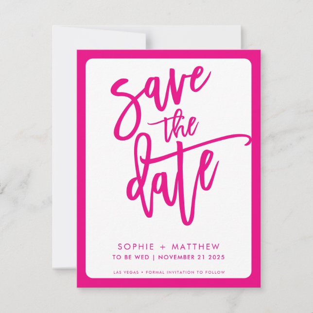 SAVE THE DATE modern script lettering fushcia pink (Front)