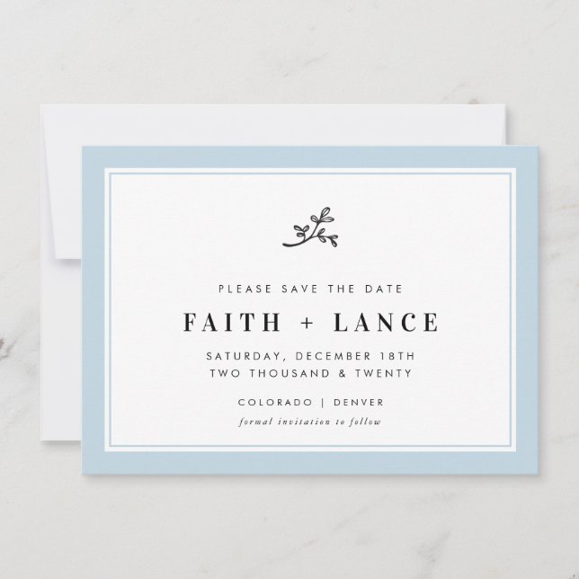 SAVE THE DATE modern sprig simple border baby blue (Front)