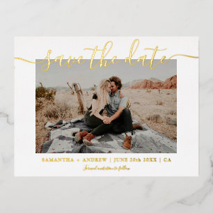 Save the date modern terracotta typography photo foil invitation postcard