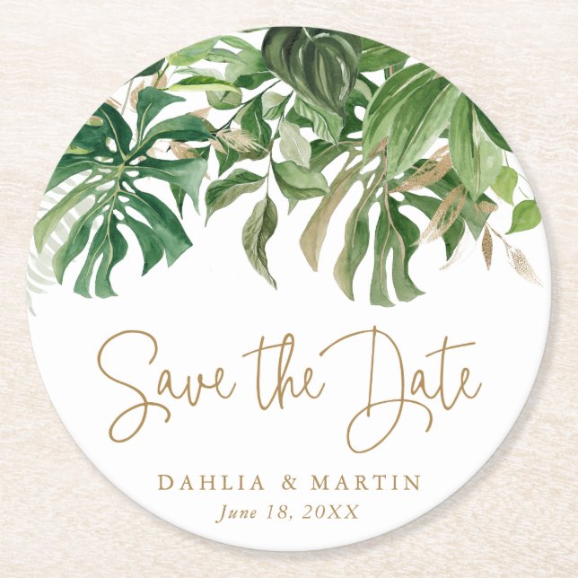 Save the Date Modern Tropical Greenery Gold Round Paper Coaster (Front)