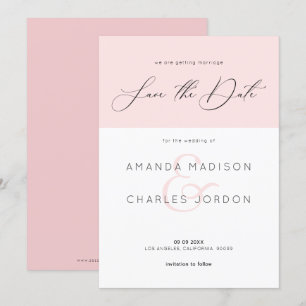 Save the date modern typography pink and white invitation