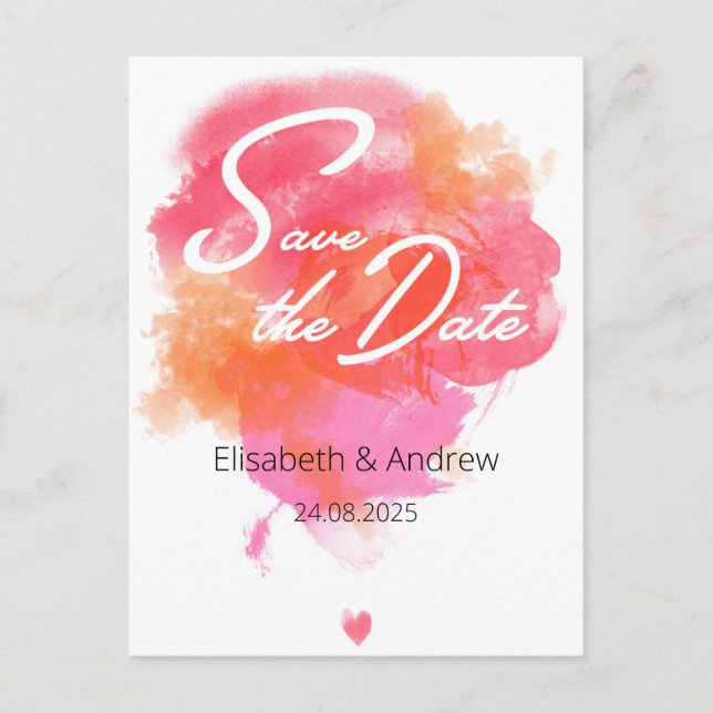 Save the date - modern, watercolor pink orange postcard (Front)