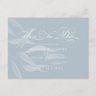 Save the Date Modern White Foliage on Dusty Blue Postcard