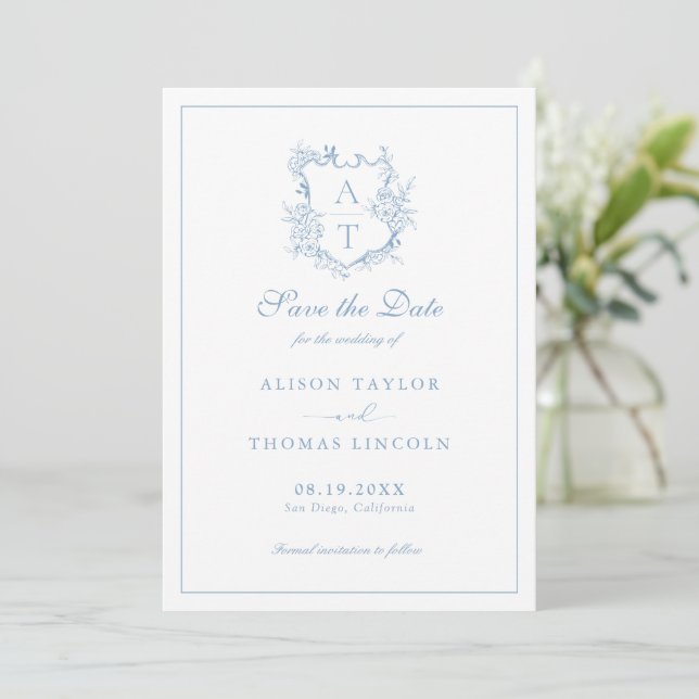 Save The Date Monogram Crest Dusty Blue Card (Standing Front)