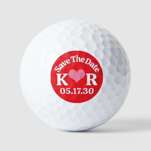SAVE THE DATE Monogram Pink Heart & Red Background Golf Balls (Front)