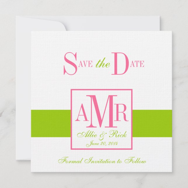 Save the Date Monograms for Weddings Green Pink (Front)