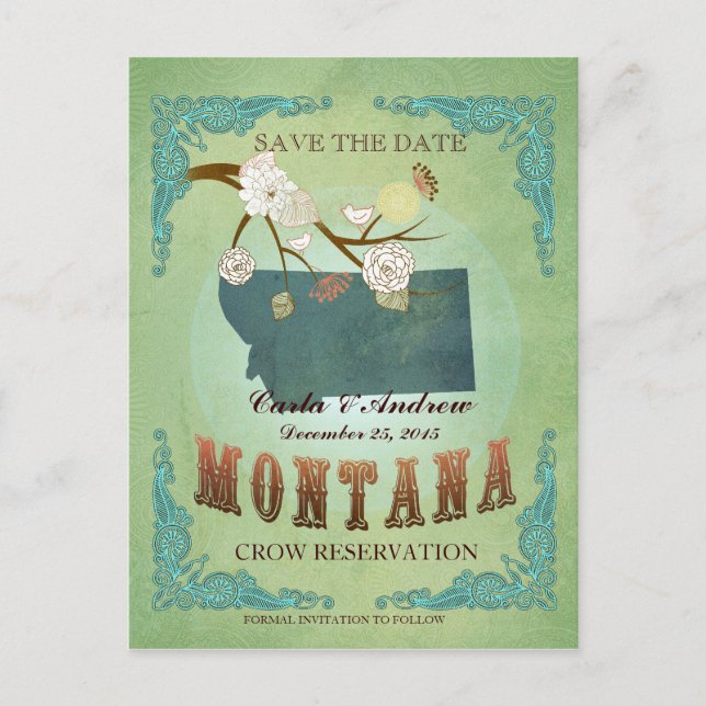 Save The Date - Montana Map With Lovely Birds Announcement Postcard (Front)