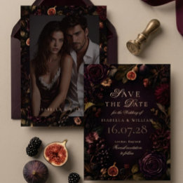 Save the Date Moody Dark Burgundy Floral Invitation