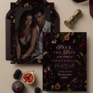 Save the Date Moody Dark Burgundy Floral Invitation