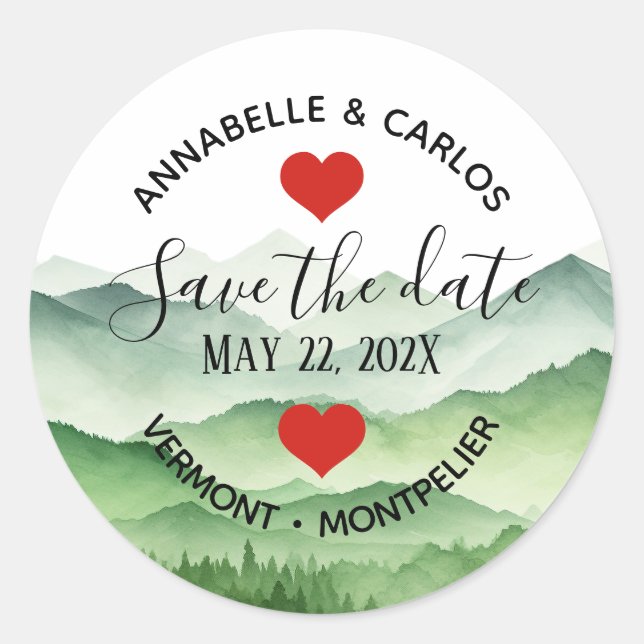 Save the Date Mountains Heart Wedding Classic Round Sticker (Front)