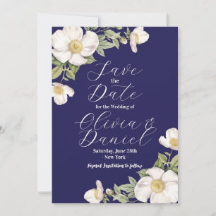Save The Date Navy Blue Cream Floral Wedding