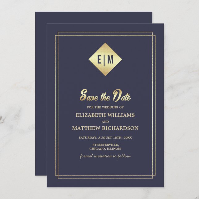 Save the Date. Navy Blue Gold Wedding Invitation (Front/Back)