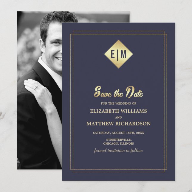 Save the Date. Navy Blue Gold Wedding Photo Card (Front/Back)