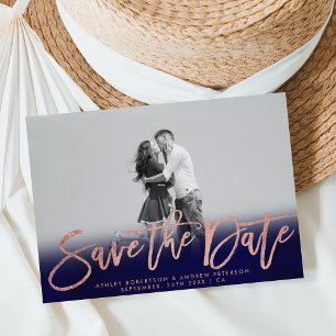 Save the Date navy blue rose gold photo Announcement Postcard