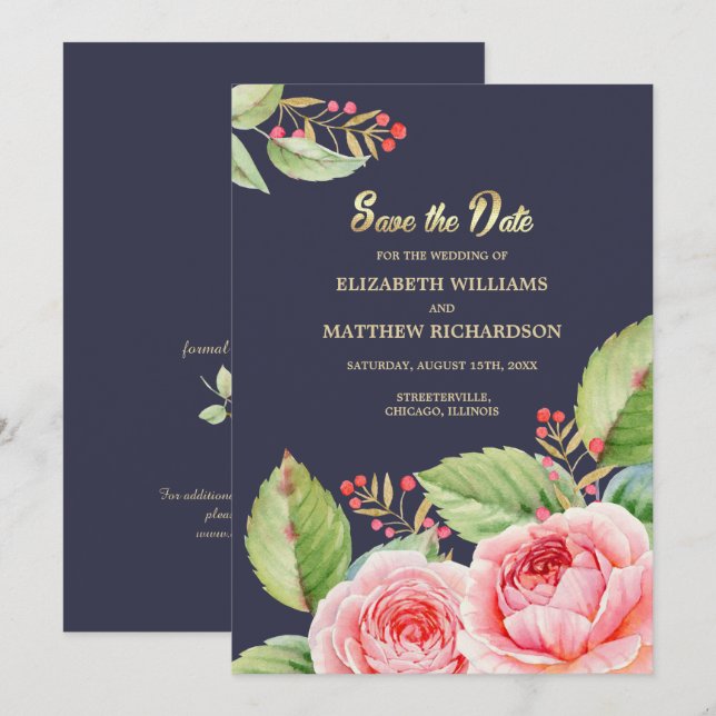 Save the Date. Navy Blue Watercolor Floral  Invitation (Front/Back)