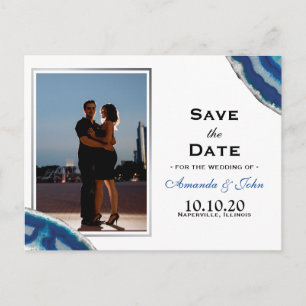 Save the Date Navy Blue Wedding Silver Agate Announcement Postcard