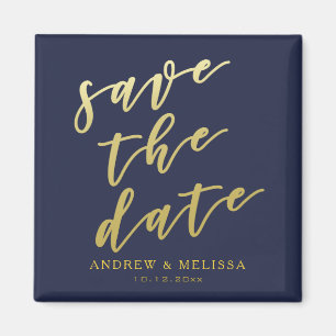 Save the date   Navy & Faux Gold Script Magnet