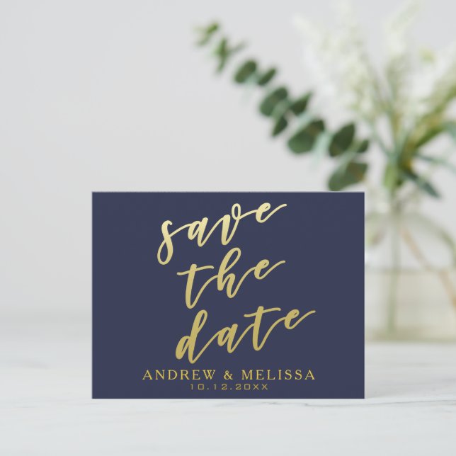 Save the date | Navy & Faux Gold Script Postcard (Standing Front)