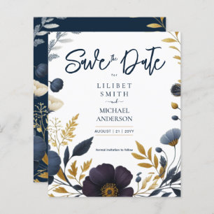 Save the Date Navy Yellow Gold Floral Elegant