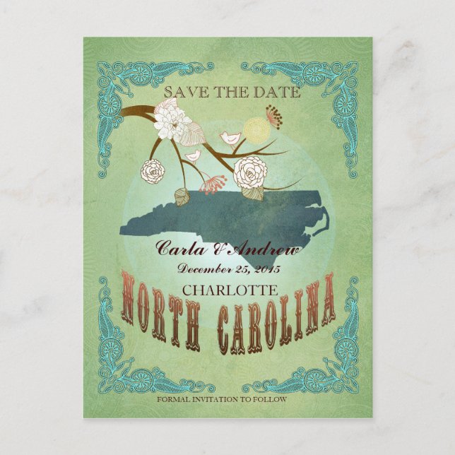Save The Date- North Carolina Map With Lovely Bird Announcement Postcard (Front)